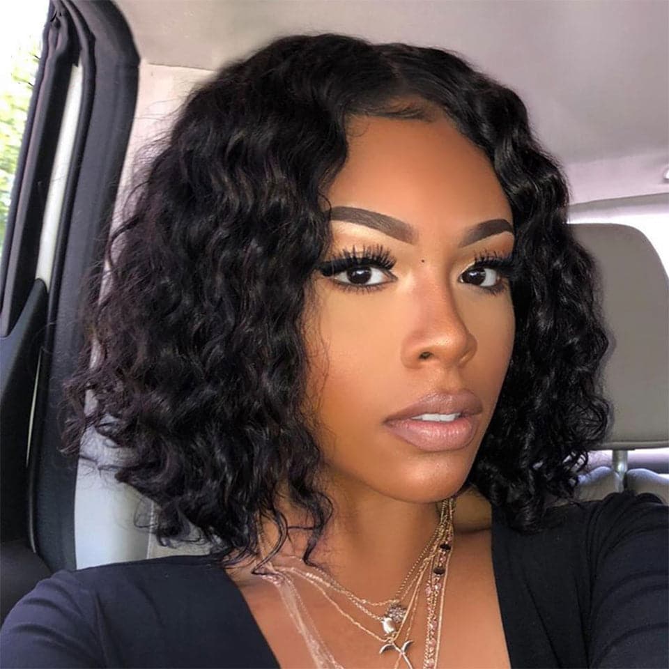 Water Wave T-Part Lace Front Short Bob Wigs Human Hair Pre-Plucked