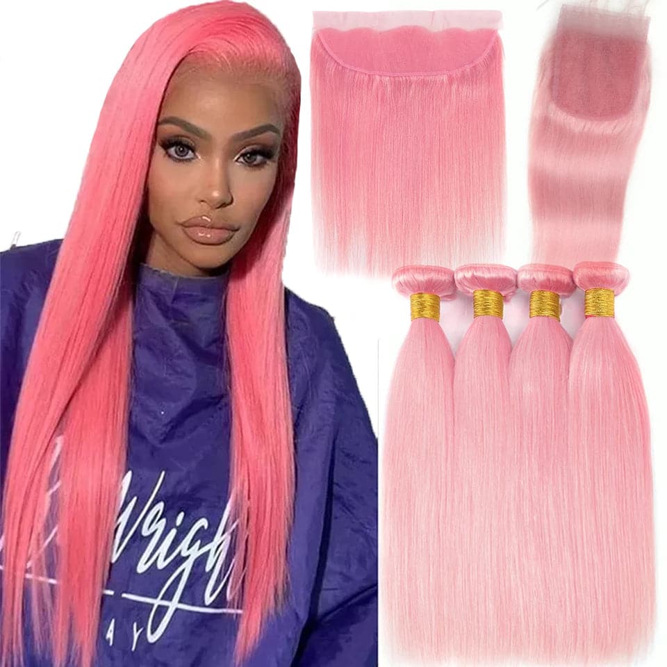 Light Pink Colored straight 4 Bundles With 13x4 frontal Brazilian Human Hair Weave With 4x4  Closure Lumiere Hair