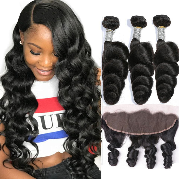 Loose Wave 3 pacotes com 13 * 4 Lace Frontal 100% cabelo humano 