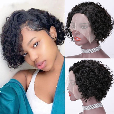 Short Pixie Cut Water Wave Bob T Part Lace Left Side Part Wig For Women Pre Plucked Hairline
