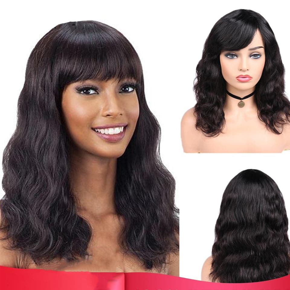 Loose Deep Bob Full Machine Made None Lace Front Wigs With Bangs For Women