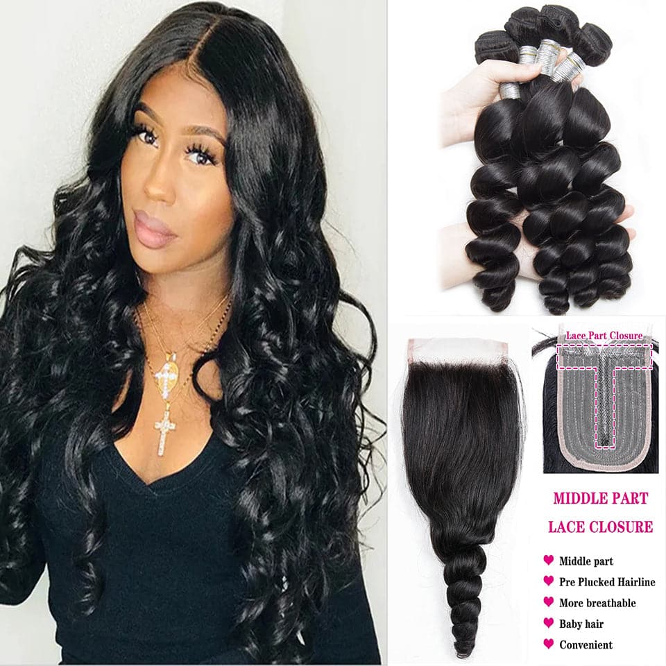 28 30 40 Inch Loose Wave Hair 4 Bundles With T part 4*4*1 Lace Closure Remy Brazilian 100% Human Hair Weave
