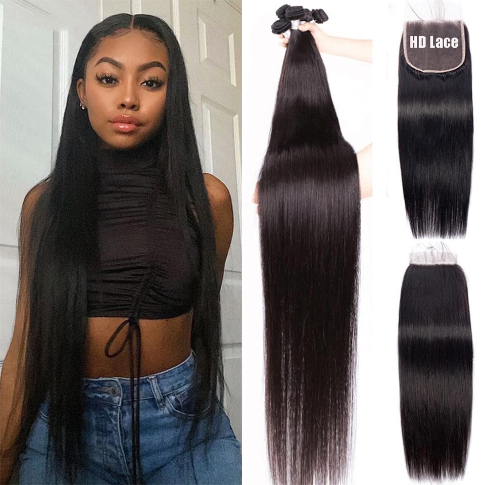 Straight 3 Bundles With 4x4 Closure Transparent Lace Peruvian Remy Hair