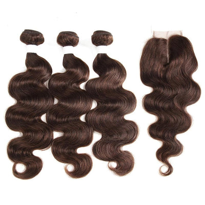 lumiere #4 Brown Body Wave 3 Bundles With Closure 4x4 pre Colored 100% virgin human hair - Lumiere hair
