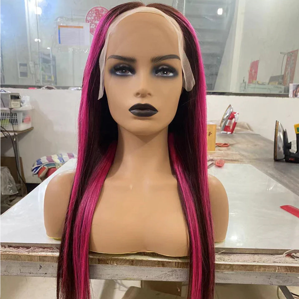 Hot Pink and Black Skunk Stripe Straight Hair 13x4 Lace Frontal glueless Wigs Pre-plucked