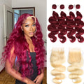 Body Wave 4 Bundles with 4x4 HD Lace Closure Burgundy Hair Bundle with Blond HD Lace Closure Human Hair Extensation