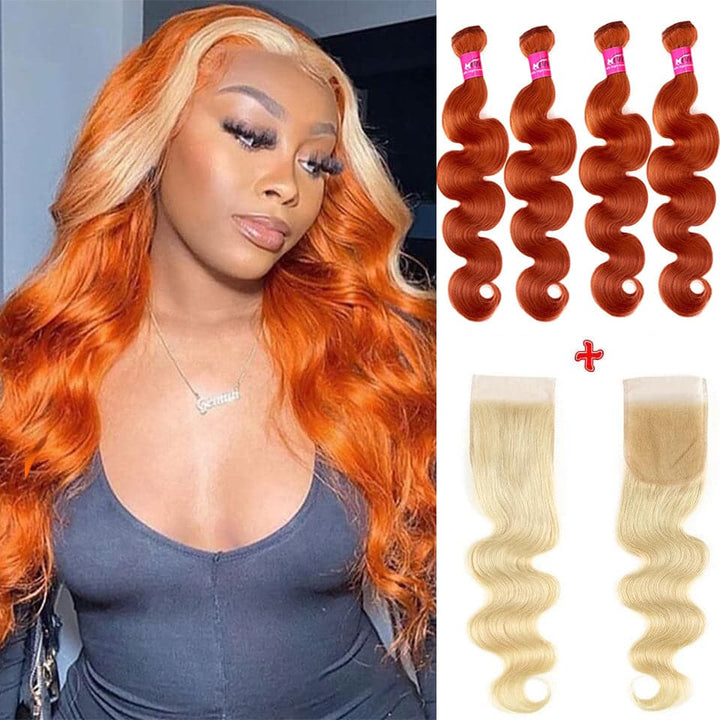 Bundles de cheveux Body Wave avec fermeture # 350 Ginger Colored 4 Bundles avec # 613 Blonde 4x4 HD Lace Closure 