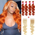 Body Wave Hair Bundles with Closure #350 Ginger Colored 4 Bundles With #613 Blonde 4x4 HD Lace Closure