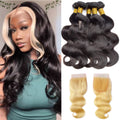 Natural Black Body Wave Hair 4 Bundles with 613 Honey Blond 4x4 HD Lace Closure Hair Extensation