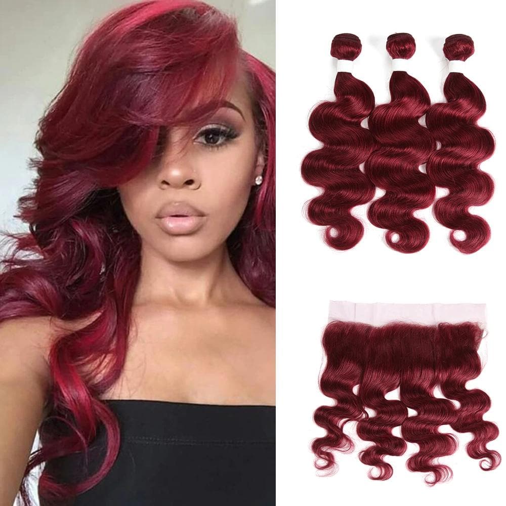 Burg Body Wave hair 3 Bundles With 13x4 Lace Frontal Pre Colored Ear To Ear