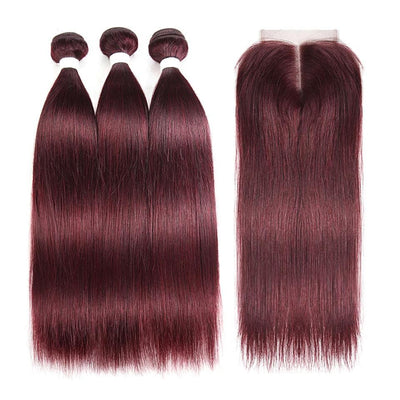 Red Bundles color 99j Straight Hair 3 Bundles With Closure 4x4 Colored 100% virgin human hair