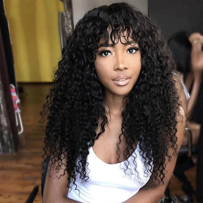 Kinky Curly Full Machine None Lace Wig With Bangs Pre Plucked 8"-24"Inches