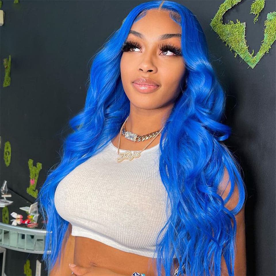 Klein Blue Body Wave Lace Frontal / Closure Human Hair Wig For Women