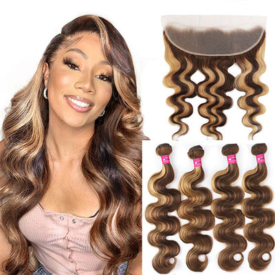 Highlight P4/27 Body Wave 4 Bundles With 13x4 Transparent Lace Frontal Pre Colored Ear To Ear
