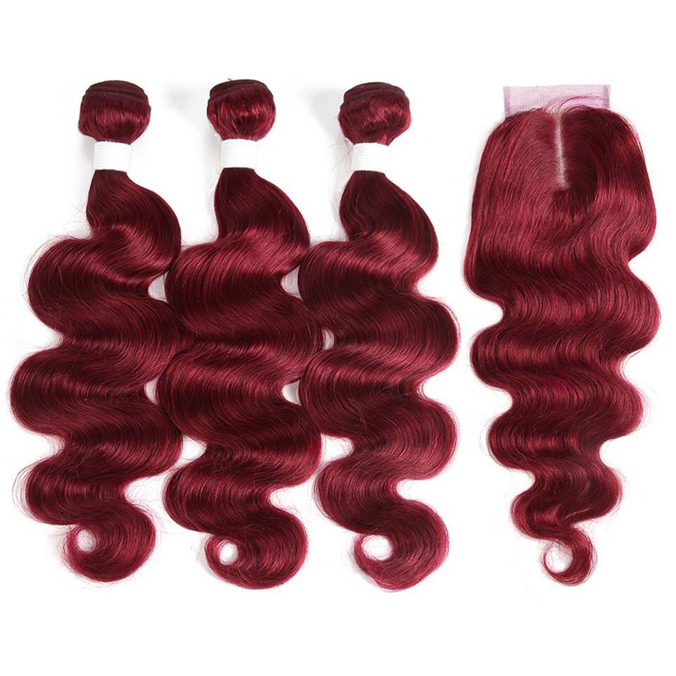 color burg body wave 3 Bundles With Closure 4x4 pre Colored 100% virgin human hair