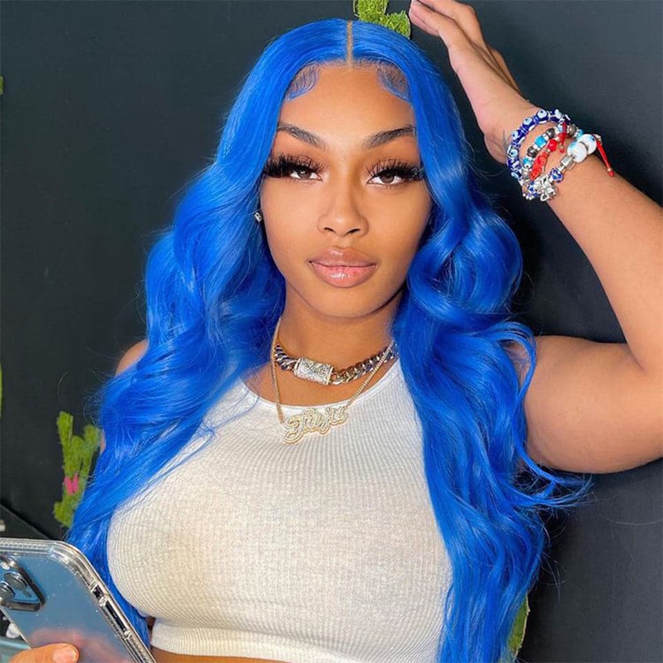 Klein Blue Body Wave Lace Frontal / Closure Human Hair Wig For Women