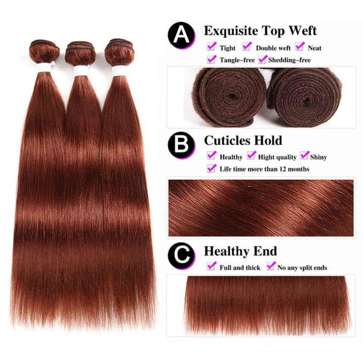 couleur # 33 cheveux raides 3 faisceaux avec fermeture 4x4 pré-colorés 100% cheveux humains vierges 