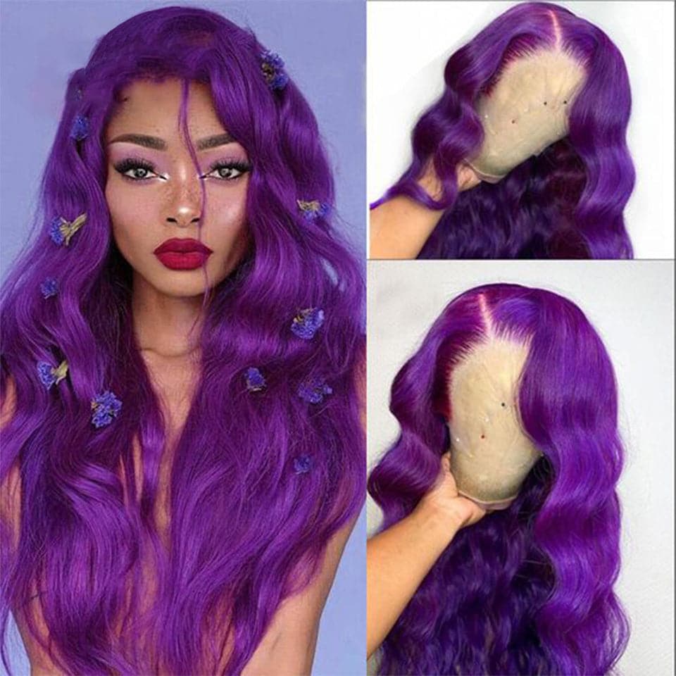 Purple Body Wave Transparent Lace Front Human Hair Wigs for Black Women