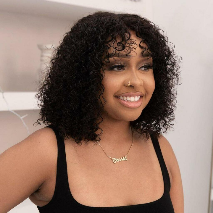 Highlight Blonde / Natural Black Kinky Curly Short Pixie Bob Cut With Bang None Lace Front Wig Pour Les Femmes Noires 