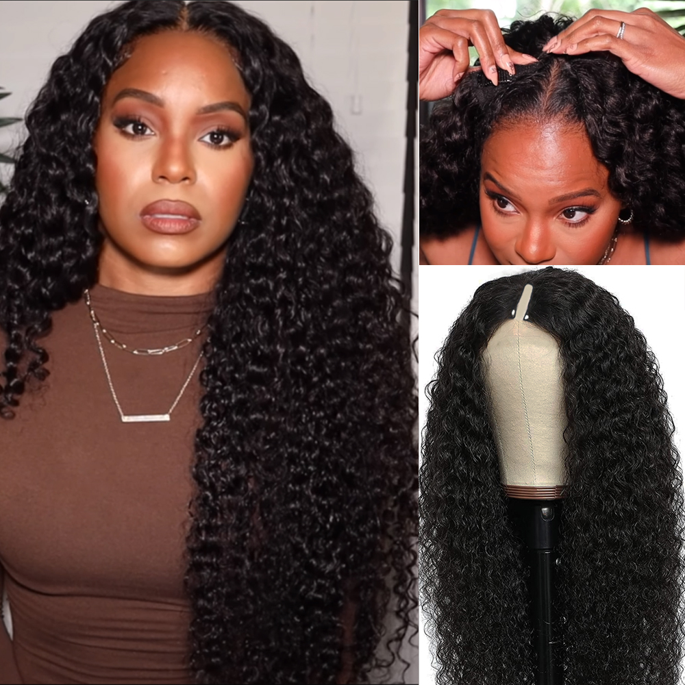 Nouveau V Part Kinky Curly Upgrade No Leave Out Brésilien Remy Glueless Perruques de cheveux humains pour les femmes 