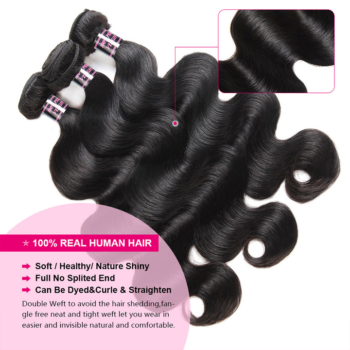 (B1) Brazilian Body Wave 3 Bundles With 13x4 Lace Frontal Human Hair