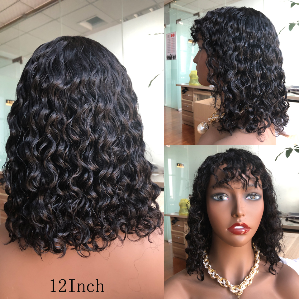 Water Wave Pixie Cut Short Bob Wig With Bangs Full Machine Made For Black Women