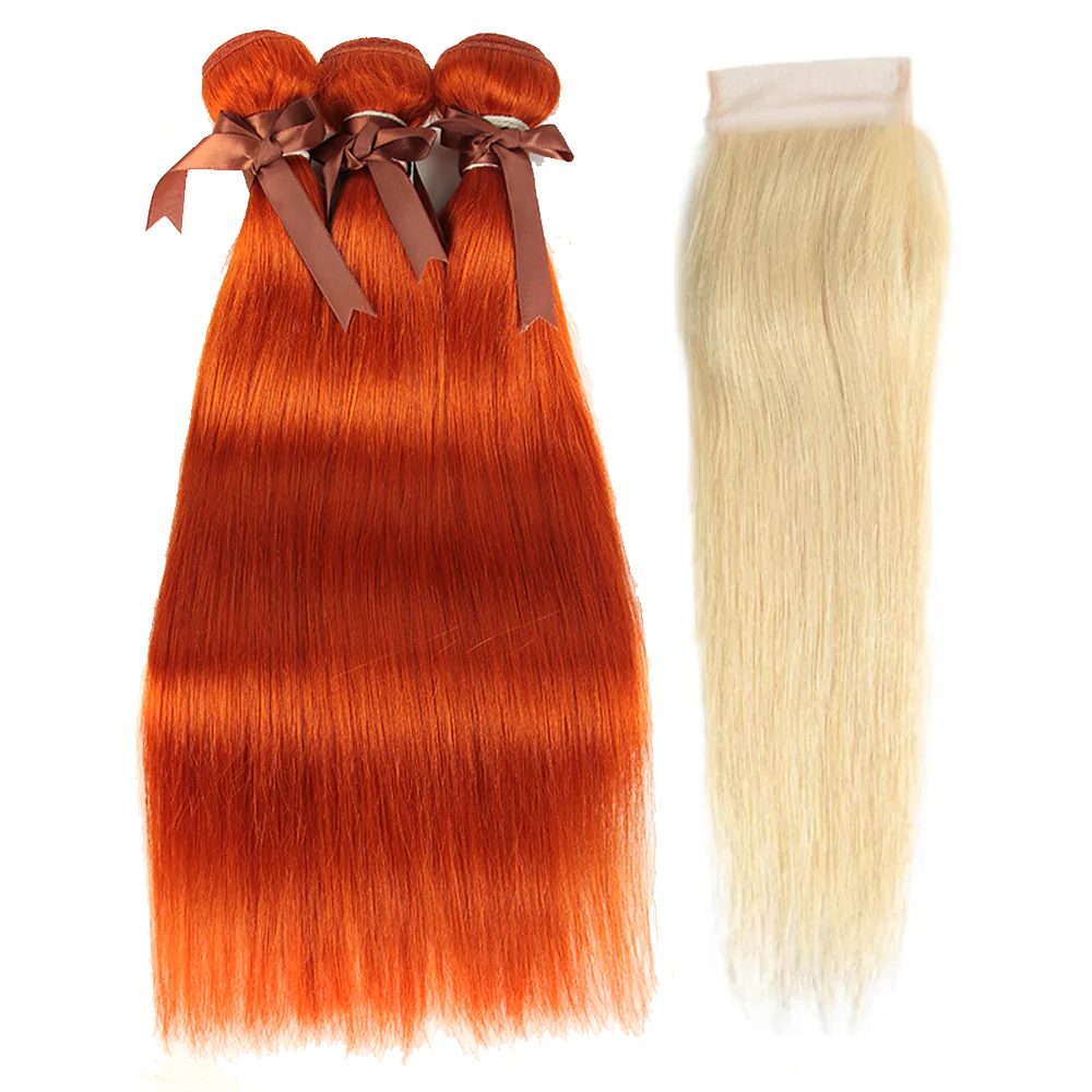 Ginger Blonde Hair Bundles Bundles de cheveux raides avec fermeture Ombre Color 3 Bundles avec 4x4 HD Lace Closure 