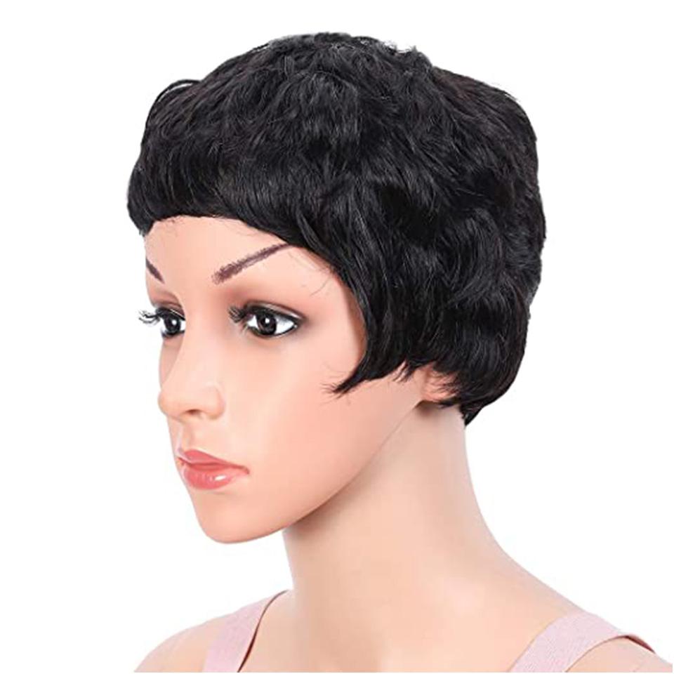 4 inch Short Human Hair Wigs Full Machine None Lace Slight Wavy Pixie Cut Wigs