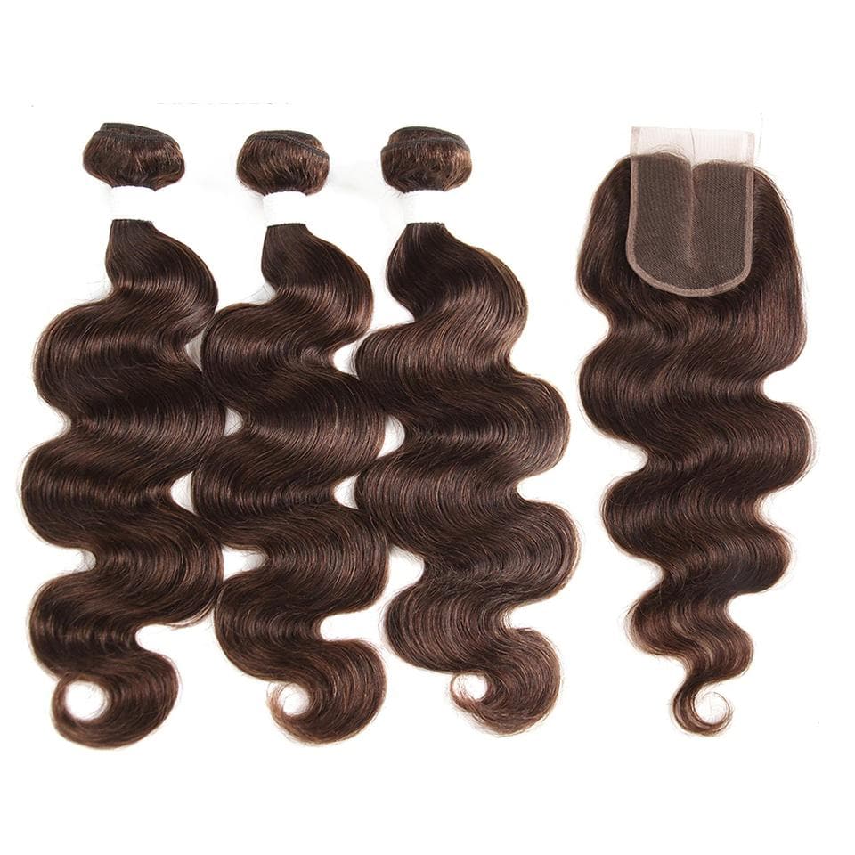 lumiere #4 Brown Body Wave 3 Bundles With Closure 4x4 pre Colored 100% virgin human hair - Lumiere hair