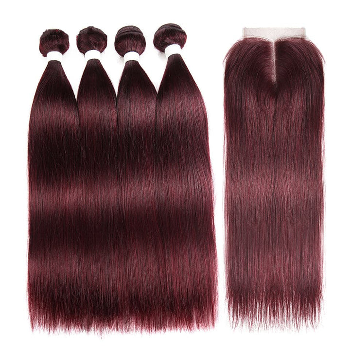 lumiere Red Bundles color 99j Straight Hair 4 Bundles With 4x4 Lace Closure Pre Colored human hair