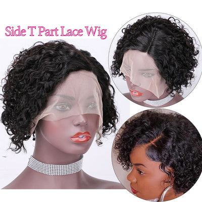 Short Pixie Cut Water Wave Bob T Part Lace Left Side Part Wig For Women Pre Plucked Hairline