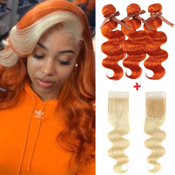 Body Wave Hair Bundles with Closure #350 Ginger Colored 4 Bundles With #613 Blonde 4x4 HD Lace Closure