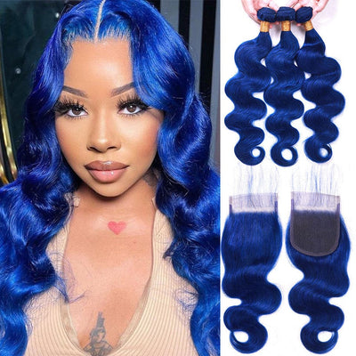 Klein Blue Colored Body Wave 3 Bundles with 4x4 HD Lace Closure Human Hair Extensions