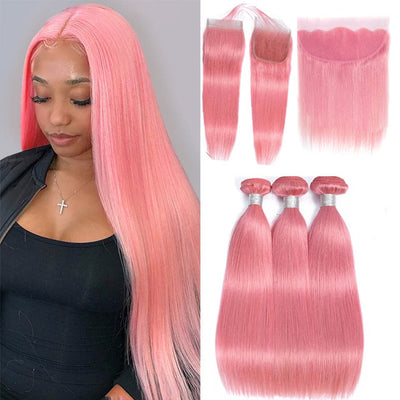 Light Pink Colored Straight 3 Bundles With Frontal 13x4 Brazilian Human Hair