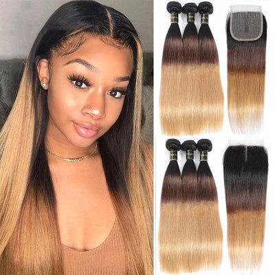 Malaysian Ombre 1b/4/27 Straight 3 Bundles with 4X4 lace Closure - Lumiere hair
