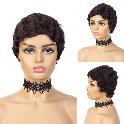 #4 Finger Wave Pixie Cut Short Bob Full Machine Made None Lace Wigs 100% Human Hair