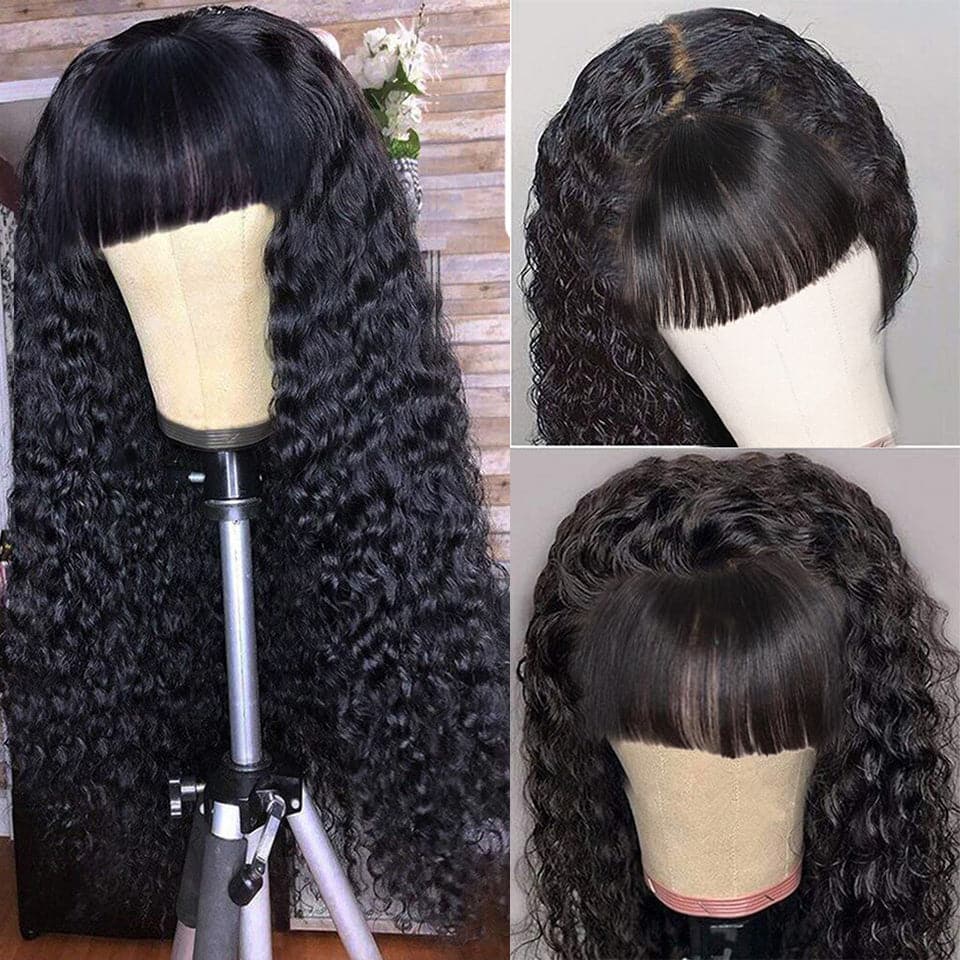 Lumiere Kinky Curly Machine Made None Lace Wig With Bangs Perruques de cheveux humains 