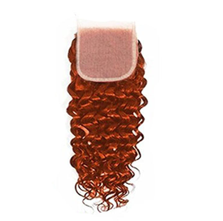 Cheveux humains brésiliens de fermeture de la vague 4x4 de l'eau colorée par orange de gingembre 100% dans des prolongements 