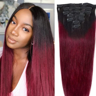 1B/99J Ombre Straight Clip In 8 Pcs For Black Women 100% Human Hair