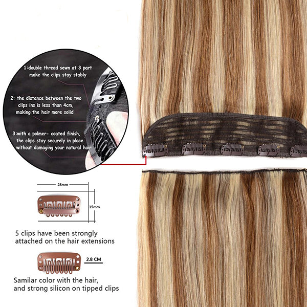 Lumiere #P4/27 Straight Human Hair Clip in One Piece Human Hair Extensions Real Human Hair Extension 5 Clips One Set For Women
