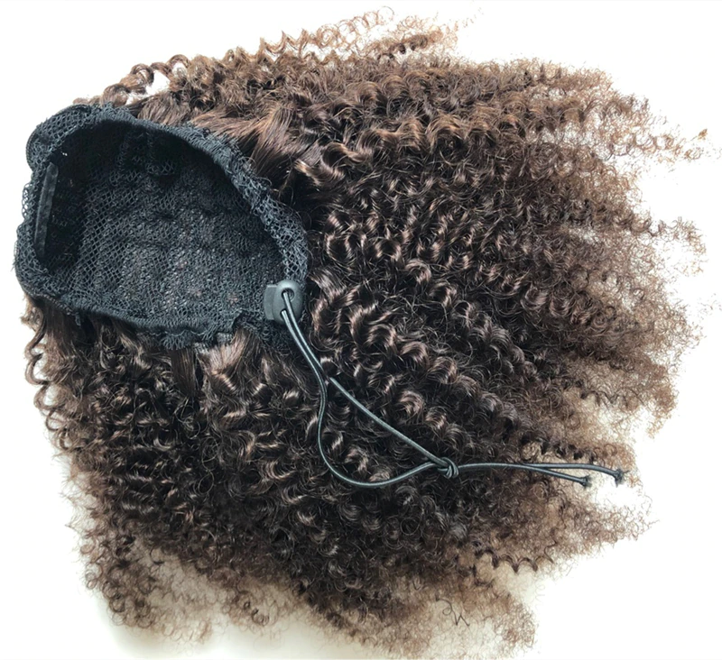 # 2 Extensions de cheveux humains en queue de cheval avec cordon de serrage afro bouclés brun foncé 