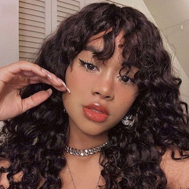 Loose Deep Wave Wig Human Hair Wigs For Black Women Full Machine None Lace Wig With Bang