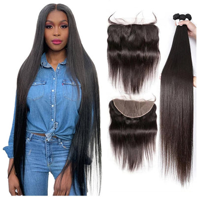 Straight 3 Bundles With 13x4 Lace Frontal / 4X4 Lace Closure 100% Human Hair