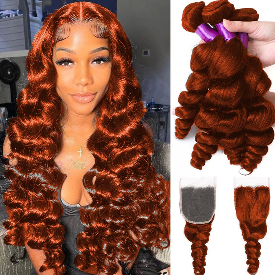 #350 Ginger Orange Loose Wave 4 Bundles With 4X4 Lace Closure Remy Human Hair