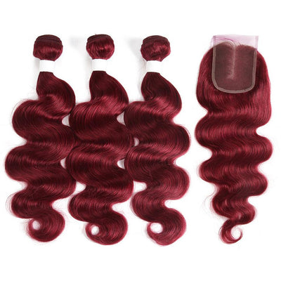 color burg body wave 3 Bundles With Closure 4x4 pre Colored 100% virgin human hair