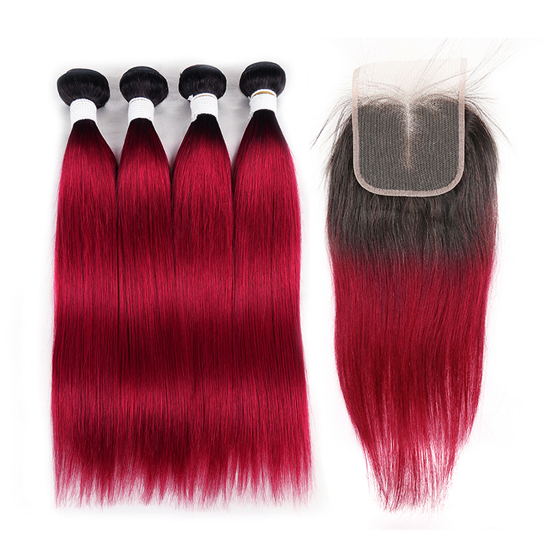 1B/BURG Ombre Straight Hair 4 Bundles With 4x4 Lace Closure Pre Colored human hair - Lumiere hair