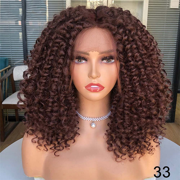# 33 Brown Bouncy Curly Short Bob Wig 13x1x4 T Part Lace Front Perruques pour femmes 180% Densité Nature Cheveux Noir Couvre-chef avec Clips 