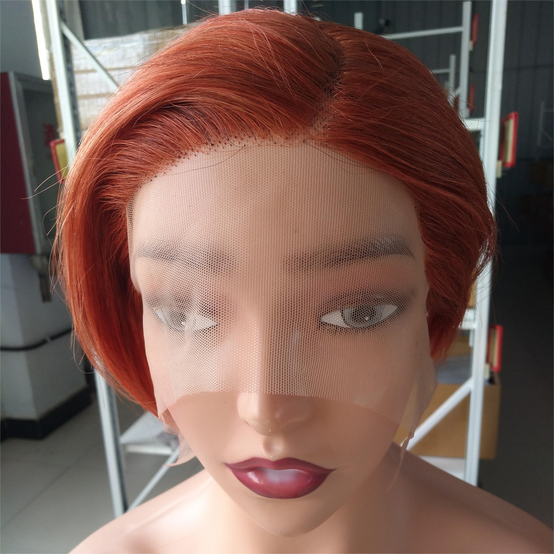 #33 ginger 13x1 HD-Lace Front Short Pixie Cut Bob Classy Swoop Bang Wig Keshona