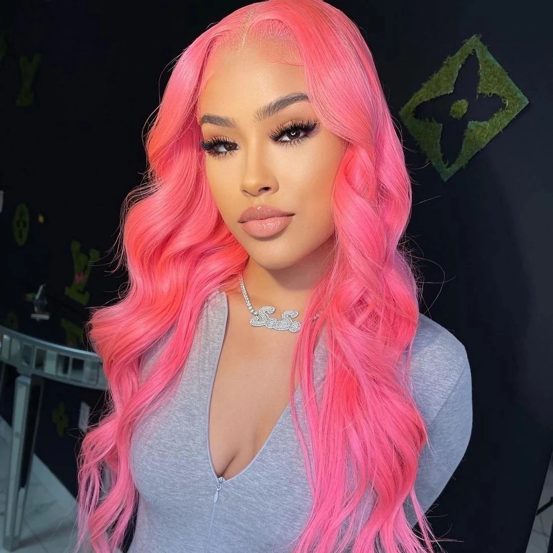 Colored Light Pink Body Wave Lace Front Wigs Human Hair For Women