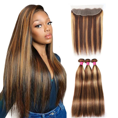Highlight P4/27 Straight 3 Bundles with 13x4 Lace Frontal transparent lace